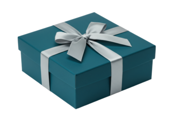 Isolated teal gift box with silver ribbon and bow, present for special occasion, closeup