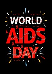 World aids day poster with red ribbon and fireworks on black background
