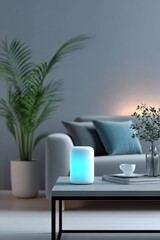 Gray room featuring a smart home device glowing softly on a coffee table, surrounded by a cozy couch, plants, and decorative elements creating a serene atmosphere