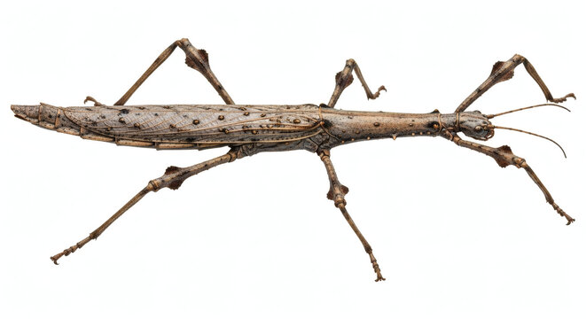 Close up of a tan stick insect with six legs on a white background