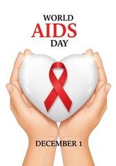 World aids day awareness poster with heart and ribbon isolated on white background