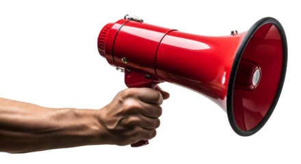 Hand holding a red megaphone, emphasizing announcement and communication, isolated on transparent background