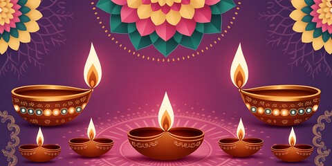 Fototapeta premium A beautiful Diwali celebration background with lit diyas and colorful paper mandala decorations, perfect for festive greetings and designs.