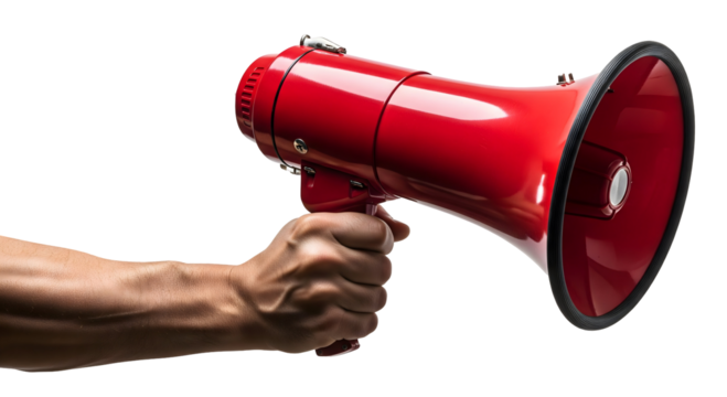 Hand holding a red megaphone, emphasizing announcement and communication, isolated on transparent background