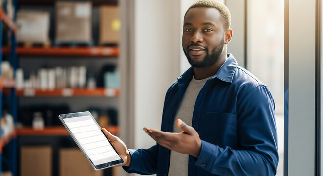 Inventory Management A warehouse manager uses a digital tablet for efficient inventory tracking and workflow optimization