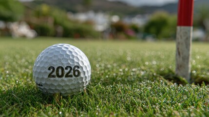 Golf ball with 2026 engraving on green course beside flagpole in early morning dew