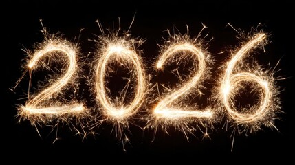 2026 written in gold sparkler fireworks on black background for New Year celebration banner