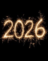 2026 written in gold sparkler fireworks on black background for New Year celebration banner