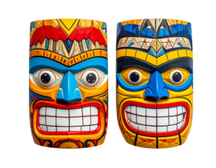 Cartoon Tiki Masks Set with Bright Patterns and Festive Vibes Isolated