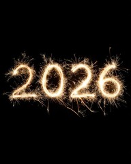 2026 written in gold sparkler fireworks on black background for New Year celebration banner