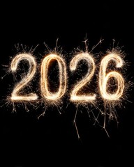 2026 written in gold sparkler fireworks on black background for New Year celebration banner