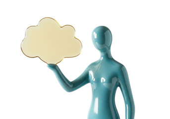 Isolated teal figurine holding a blank cloud for information or thought bubbles, studio shot