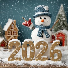 Golden 2026 with cheerful snowman and falling snow in festive winter landscape