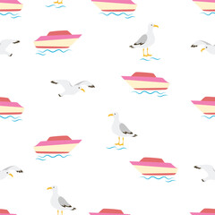 marine pattern with boat and seagulls