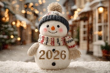 Golden 2026 with cheerful snowman and falling snow in festive winter landscape