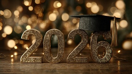 Class of 2026 with graduation cap on number 6 and bokeh lights in celebratory background