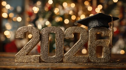 Class of 2026 with graduation cap on number 6 and bokeh lights in celebratory background