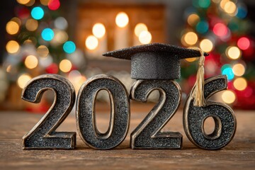 Class of 2026 with graduation cap on number 6 and bokeh lights in celebratory background
