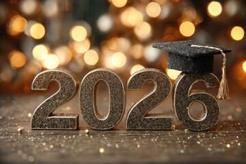 Class of 2026 with graduation cap on number 6 and bokeh lights in celebratory background