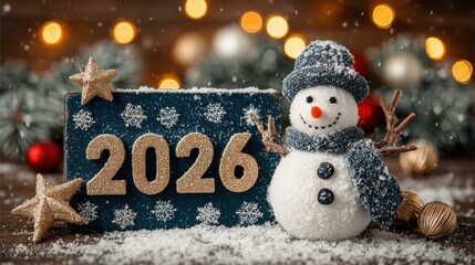 Golden 2026 with cheerful snowman and falling snow in festive winter landscape