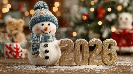 Golden 2026 with cheerful snowman and falling snow in festive winter landscape