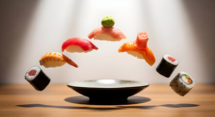 Experience the artistry of freshly prepared sushi and rolls artfully suspended in mid-air, ready for your enjoyment, creating a dynamic culinary visual.