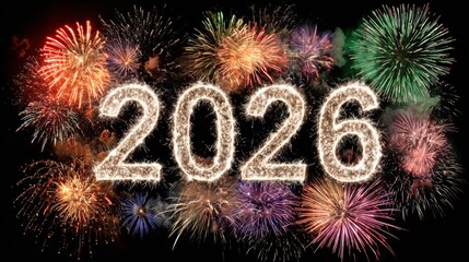 Vibrant fireworks bursting behind glowing 2026 numbers for New Year celebration