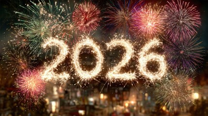 Vibrant fireworks bursting behind glowing 2026 numbers for New Year celebration