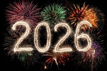 Vibrant fireworks bursting behind glowing 2026 numbers for New Year celebration