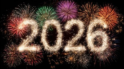 Vibrant fireworks bursting behind glowing 2026 numbers for New Year celebration