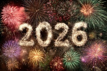 Vibrant fireworks bursting behind glowing 2026 numbers for New Year celebration
