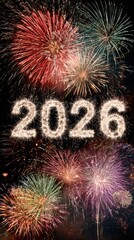 Vibrant fireworks bursting behind glowing 2026 numbers for New Year celebration