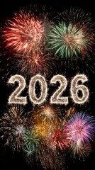Vibrant fireworks bursting behind glowing 2026 numbers for New Year celebration