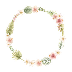 Monstera Palm Leaves Hibiscus Plumeria Flowers. Tropical Exotic wreath. Watercolor hand painted summer pastel neutral isolated illustration on white background for nursery kids baby card logo label