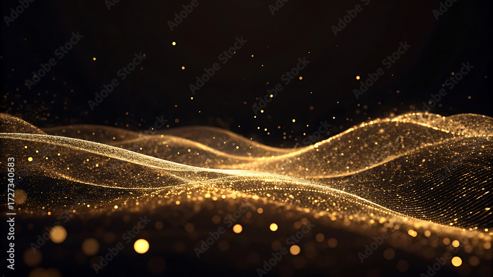 Wall mural abstract flowing golden waves of light particles and bokeh on a dark background