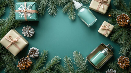 Festive flat lay on teal background with Christmas gifts, evergreen sprigs, skincare bottles and ribbons, pine cones and snowflakes, space for copy on the side