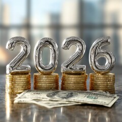 Silver 2026 numbers with gold coins, dollar bills, and financial graph in office scene