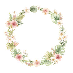 Monstera Palm Leaves Hibiscus Plumeria Flowers. Tropical Exotic wreath. Watercolor hand painted summer pastel neutral isolated illustration on white background for nursery kids baby card logo label