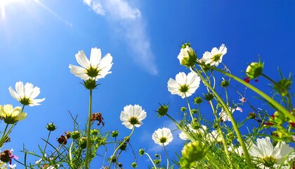 Upward view of white cosmos flowers against a bright blue sky on a sunny day