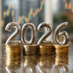 Silver 2026 numbers with gold coins, dollar bills, and financial graph in office scene