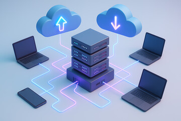 A soft 3D rendering of central server storage connecting to multiple laptops and a smartphone via glowing, pink, and blue network lines under two cloud icons with transfer arrows