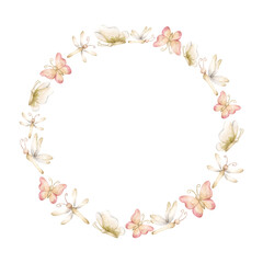 Cute Butterfly Dragonfly Insects Wreath. Watercolor hand painted summer pastel neutral isolated illustration on white background for nursery kids baby shower card logo label whimsical mystery princess