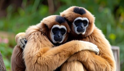 Obraz premium Two furry gibbons with black faces cuddling, against a blurry green background