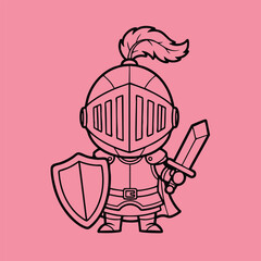 Fototapeta premium A playful cartoon knight character stands confidently with a sword and shield against a vibrant pink .
