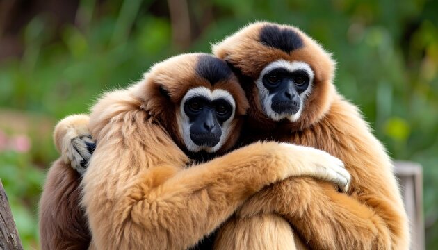 Two furry gibbons with black faces cuddling, against a blurry green background