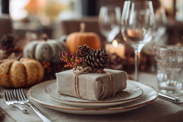 . A rustic wooden table setting with burgundy napkins and a pinecone centerpiece, glowing warmly. lifestyle magazines, social media lookbooks, designed for influencer and brand collaborations.