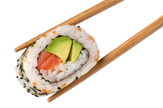 "Fresh sushi roll held by bamboo chopsticks, isolated PNG on transparent background, minimal clean 3D food cutout"