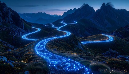 Winding mountain road at night, illuminated by car lights