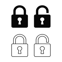 Minimal padlock icon set — vector symbols of locked and unlocked states in solid and outline styles for privacy, access, and security design