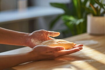 A pair of hands gently cradles a ball of freshly kneaded dough, ready for baking.